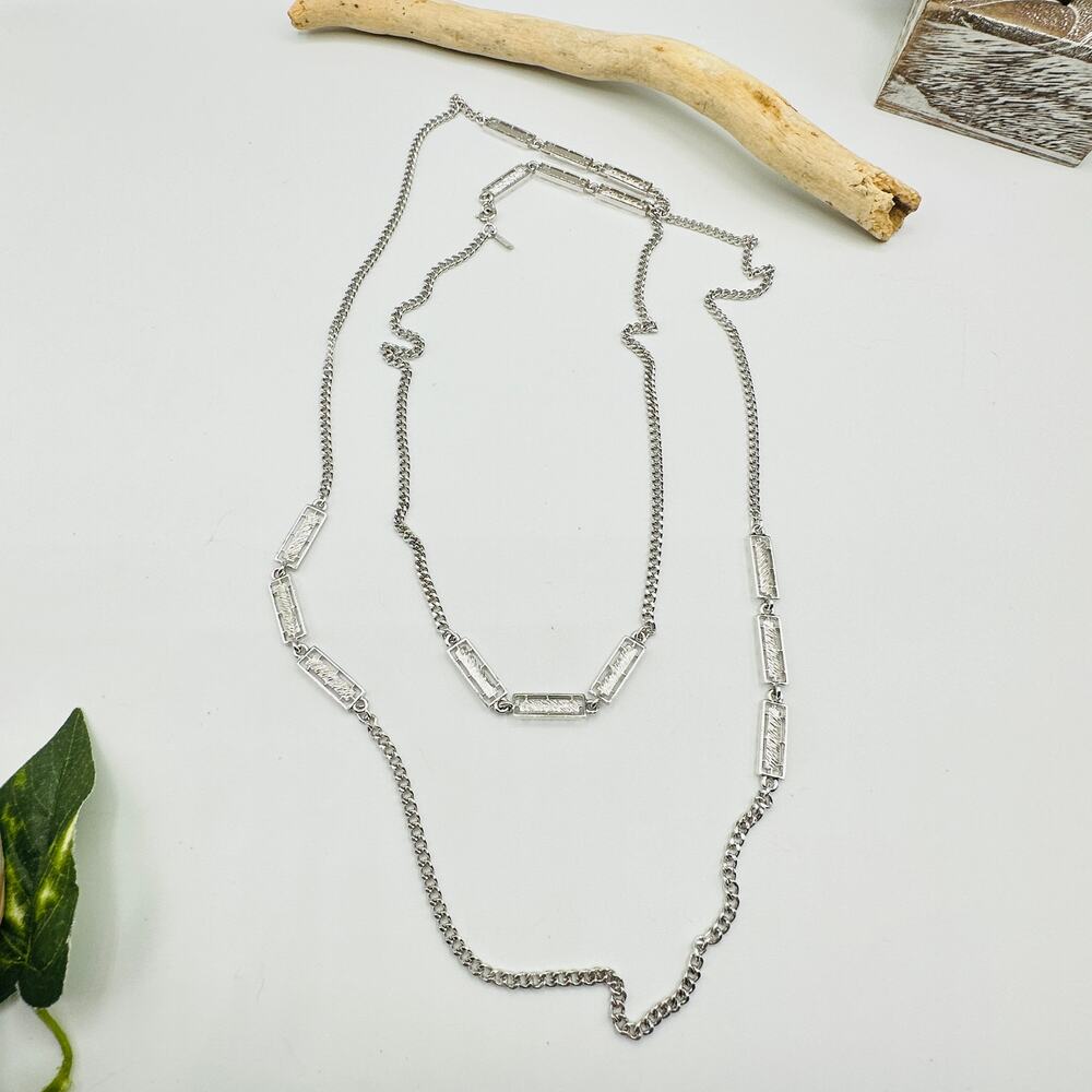 Vintage Monet Silver Tone Chain Link Long Bar Necklace